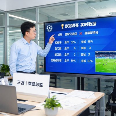 数据总监王磊在办公室分析欧冠实时数据大屏